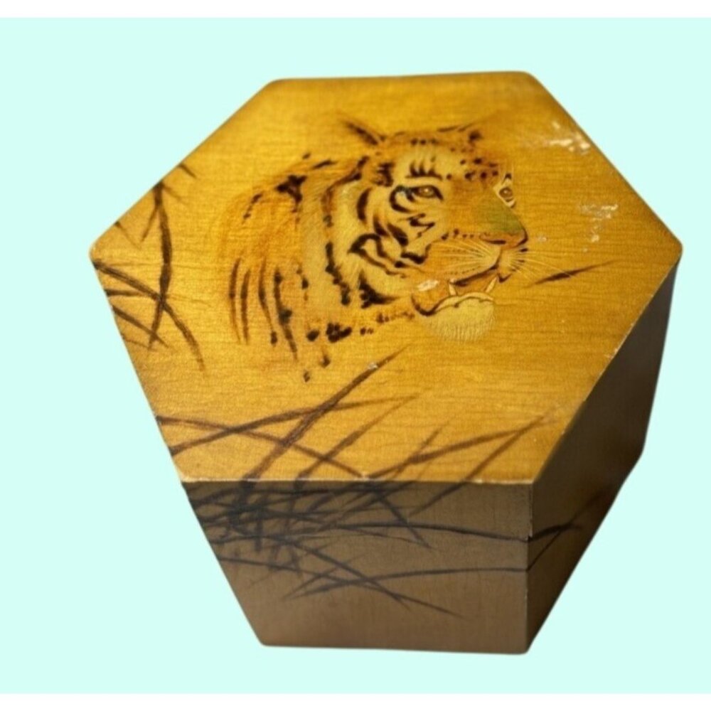 Antique Wood Burn Etched Tiger Octagon Red Velvet Lined Trinket Box RARE